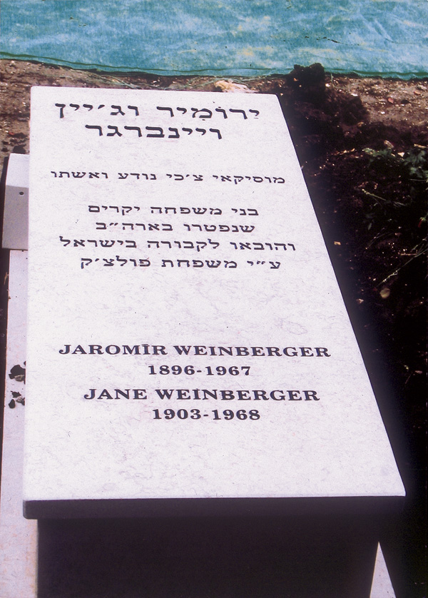 The gravestone of Jaromir Weinberger and his wife at Kibbutz Gezer, Israel